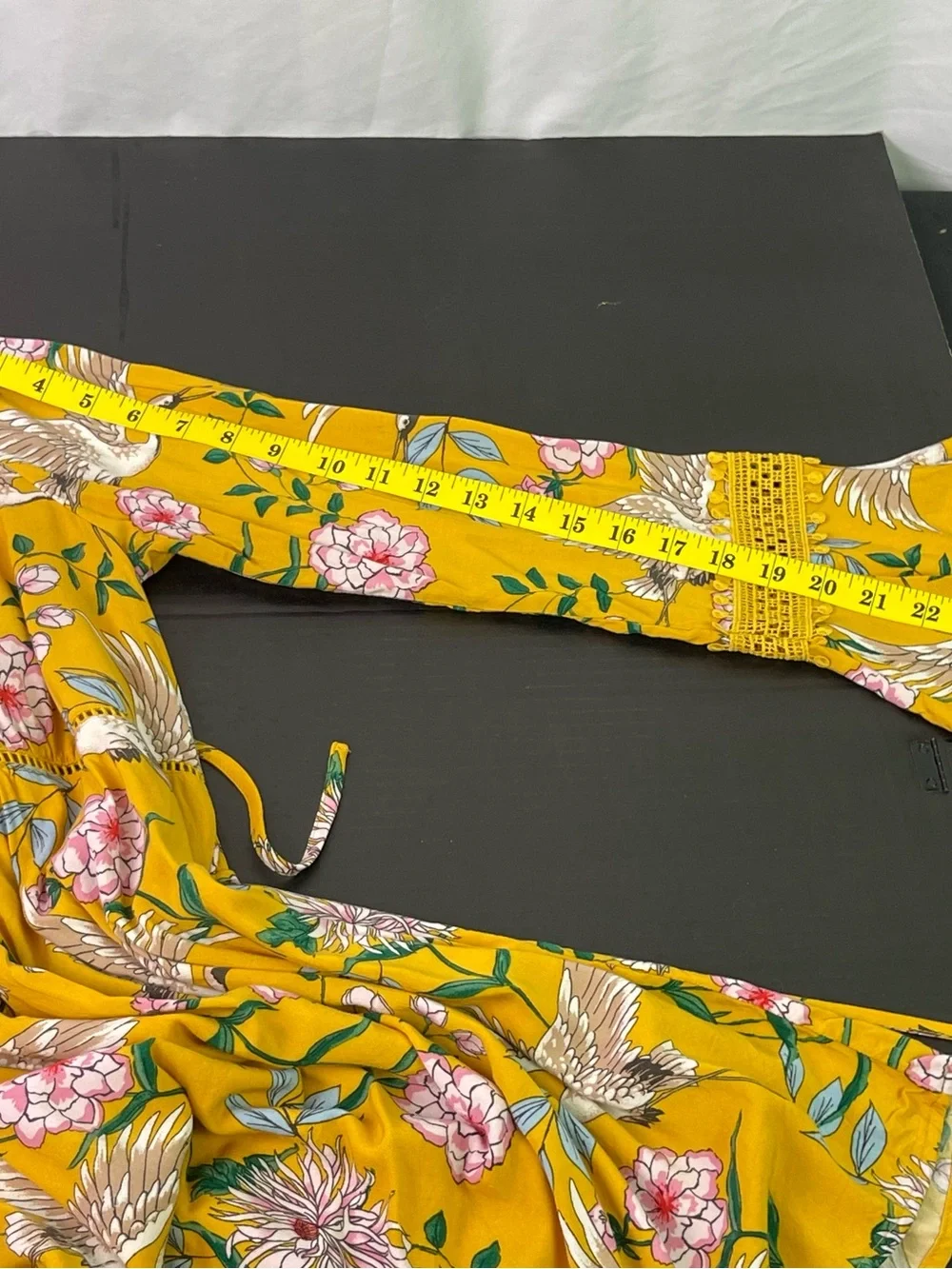 Xhilaration Yellow Boho Mini Dress with Pink Flowers & Cranes Size Small - Picture 15 of 15
